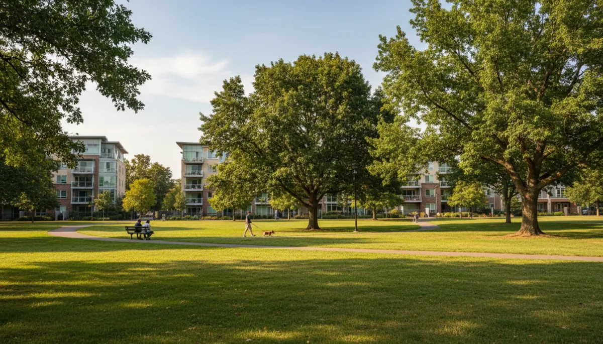 Local park near Siena South apartments with green space and people relaxing